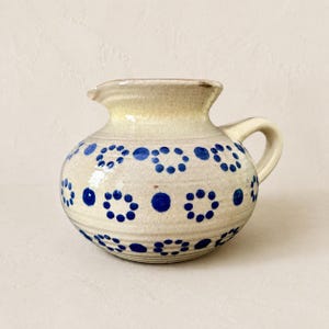 Vintage Studio Pottery Jug Beige Blue Dots Ceramic Pitcher Handmade Rustic Creamer
