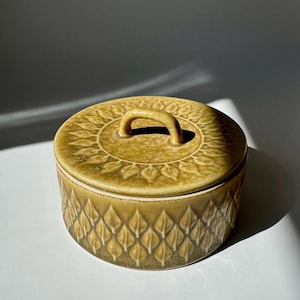 Può includere: Un contenitore rotondo in ceramica con coperchio. Il contenitore è di colore giallo-verde tenue con un motivo a foglie strutturate sui lati e sul coperchio. Il coperchio ha una piccola maniglia.