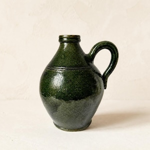 Vintage Green Stoneware Jug Vase Rustic Ceramic Oil Vessel Farmhouse Decor