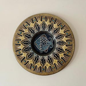 Vintage Studio Pottery Fish Wall Plate, Blue Yellow Ceramic Folk Art