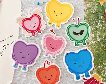 May include: Seven heart-shaped stickers with different expressions and colors. The stickers are yellow, red, purple, pink, blue, green, and orange. Each sticker has small legs and arms.