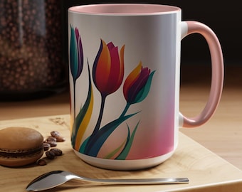 Tazza da caffè con accenti floreali a forma di tulipano colorato / 15 oz