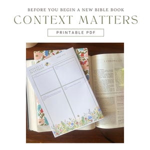 Peut inclure: Une feuille de travail PDF imprimable avec le texte "Context Matters" et "Book Title" sur un fond blanc avec une bordure florale. La feuille de travail est conçue pour aider les gens à étudier la Bible en tenant compte du contexte du livre qu'ils lisent.