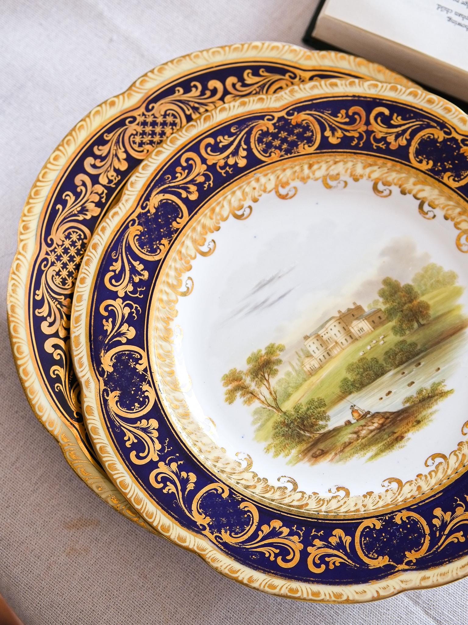 Pair Coalport Porcelain Plates, Hand Painted English Countryside