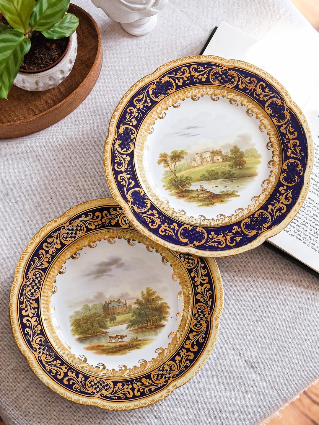 Pair Coalport Porcelain Plates, Hand Painted English Countryside