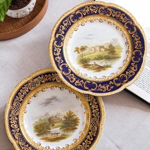 2pc - Anituqe pair of Coalport hand painted English countryside landscape cabinet plate c.1830s