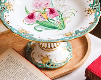 19th century English porcelain Ridgway dessert stand high footed comport, botanical Iris painted with pierced rim
