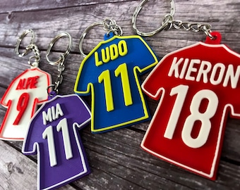 Personalised Football Shirt Keyring: Custom Name & Number, Soccer Fan Gift