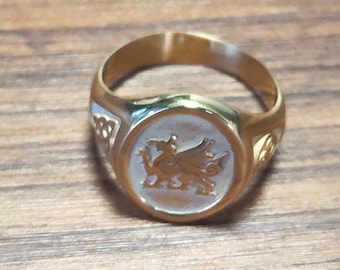 Anillo de sello de plata de ley con cresta de dragón, opción chapada en oro