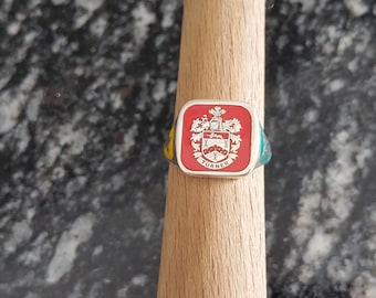 Square Sterling Silver Family Crest Signet Ring, Red Enamel
