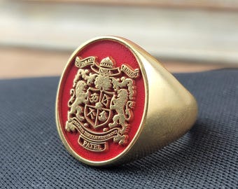 Red Enamel Sterling Silver Signet Ring, Custom Family Crest Engraved