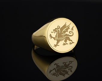 Sterling Silver Dragon Signet Ring, Family Crest, Wales Ring