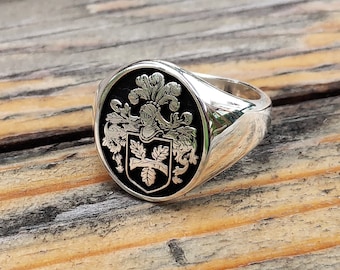 Custom Family Crest Signet Ring, Sterling Silver, Gold Filled Option