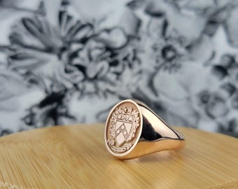 Handmade Rose Gold Family Crest Signet Ring, Personalized Coat of Arms