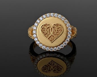 Custom Sterling Silver Signet Ring, Personalized Initial Crest, Diamond Accent, University Ring