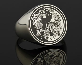 Personalized Family Crest Signet Ring, Sterling Silver Lion Dragon Jewelry