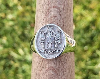 Anillo de sello de escudo familiar, anillo de sello de plata de ley hecho a mano, todo tipo de escudos y formas se pueden personalizar en el anillo, anillo de plata dorada