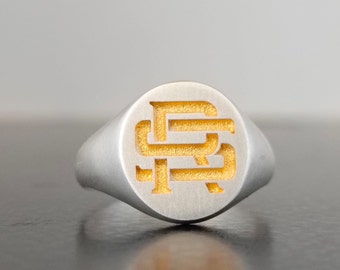 Custom Monogram Signet Ring, Sterling Silver with Gold Fill, Deep Engraving
