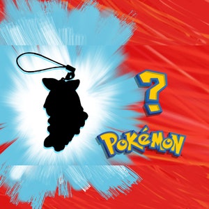 May include: A black silhouette of a Pokemon character with a question mark and the word "Pokemon" in yellow letters on a red and blue background.