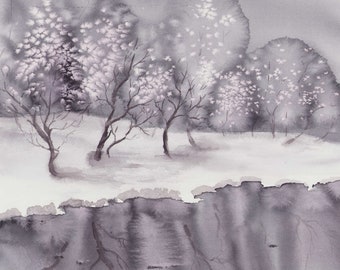 Magical snowy forest reflected in water painting for wall art. Original watercolor selected for international watercolor exhibition.