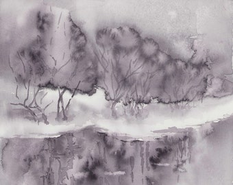 Forêt d'hiver de conte de fées d'hiver enneigé. Oeuvre d'art originale unique. Aquarelle abstraite en noir et blanc. Ombre de paysage gris