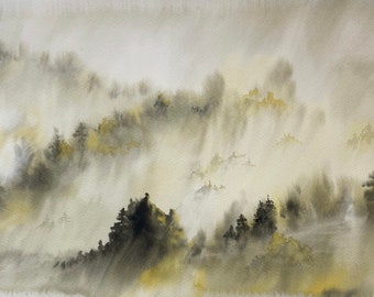 Panoramic view of misty foggy mountains forest. Original artwork fog painting in watercolor. Minimalist painting Gray and Ochre. NOT A PRINT