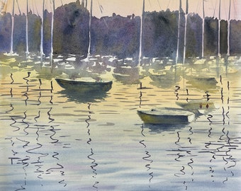Originele aquarel havenboten, kust zeegezicht Art Print, nautisch muurdecor