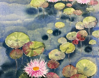 Original akvarellmålning: Näckrosor, sommarblommor, 22x15