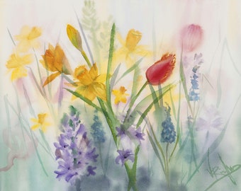 Watercolor painting spring flowers loose style. Nature inspired art. Unique original artwork. Beautiful gift for flowers lovers.