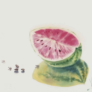 Watermelon freshness for kitchen walls. Juicy summer taste. Watercolor original food painting. Red fruits. NOT A PRINT