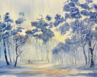 Winter fairytale Original watercolor painting. Snowy forest. Walking with a dog in a park. Blue forest and sunshine. Christmas home decor.