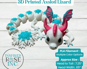 May include: 3D printed Axolotl Lizard figurine in white with pink and turquoise accents. The figurine is approximately 7.25 inches long and 0.65 inches wide. PLA Filament: Multiple Color Options.
