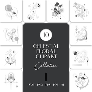 Celestial Floral Clipart Collection | Modern Line Art Illustrations | Printable Svg Png Eps Pdf Ai Files | Commercial Use