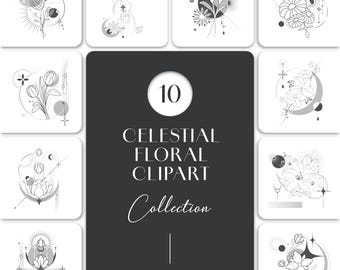 Celestial Flower SVG Bundle, 10 Boho Moon Floral Line Art Clipart, Mystical Botanical PNG, Witchy Cricut Files, Tattoo Spiritual Wall Art