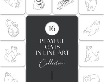 Playful Cats in Minimalist Line Art | 16 Cat Clipart Bundle | Digital Download Svg, Png, Eps, Pdf, Ai Files | Commercial Use