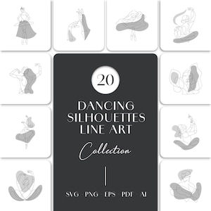 Puede incluir: Un conjunto de 20 ilustraciones de siluetas danzantes en arte de línea. Las ilustraciones son en blanco y negro y están dispuestas en una cuadrícula. El texto "20 Dancing Silhouettes Line Art Collection" se muestra en el centro de la cuadrícula. El texto "SVG - PNG - EPS - PDF - AI" se muestra en la parte inferior de la cuadrícula.