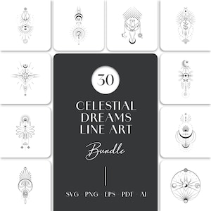 Celestial Dreams Line Art Bundle | Mystic Symbols Clipart, Minimalist Digital Art | Printable Svg Png Pdf Eps AI Files | Commercial Use