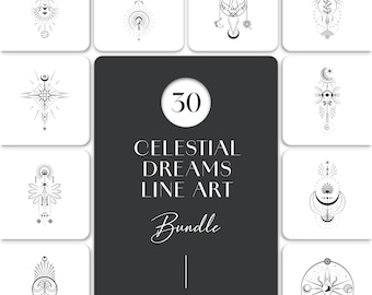 Celestial SVG Bundle, 30 Mystic Symbols Line Art, Moon Stars Clipart PNG, Witchy Tattoo Designs, Spiritual Cricut Files, Boho Wall Art
