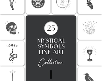 May include: A set of 25 mystical symbols line art illustrations. The illustrations are black and white and feature a variety of symbols, including a skull, a snake, a crescent moon, a crystal, a chalice, a sword, a crow, a hand holding a rose, a hand holding a branch, a pentagram, a sun, and a hand holding a branch. The text "25 Mystical Symbols Line Art Collection" is displayed in the center of the image.