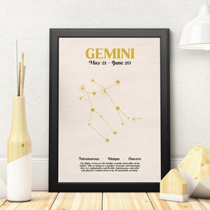 GEMINI Constellation Star Sign Print, Zodiac Wall Art, Printable Poster, Instant Digital Download