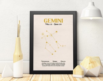 GEMINI Constellation Star Sign Print, Zodiac Wall Art, Printable Poster, Instant Digital Download