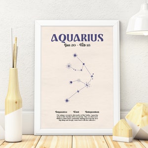 May include: A white framed poster with a light pink background featuring the zodiac sign Aquarius. The constellation is depicted in blue with a crescent moon and stars. The text "Aquarius Jan 20 - Feb 18" is at the top of the poster. Below the constellation, the text "Inquisitive - Kind - Independent" is displayed. The poster describes the personality traits of Aquarius.
