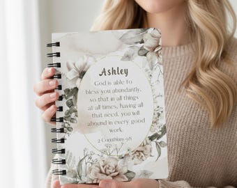 PERSONALIZED Abundance Prayer Journal, Multiple Bible Verses Notebook, Custom Name Christian Gift for Women, Floral Scripture Spiral Journal