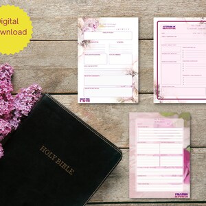 May include: A set of printable digital planner pages with floral designs. The pages include sections for daily gratitude, weekly to-do lists, and a daily devotional journal. The text "Keep the Faith" and "Prayer is Power" are included on the pages.