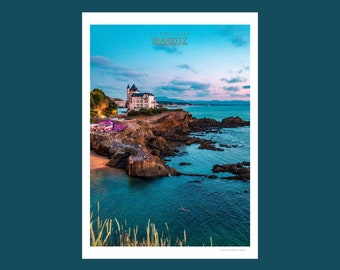 Affiche photo / Port Vieux / Biarritz / Pays Basque / Poster / Ocean / Baigneur / Plage / Rocher / Villa Belza / Bleu
