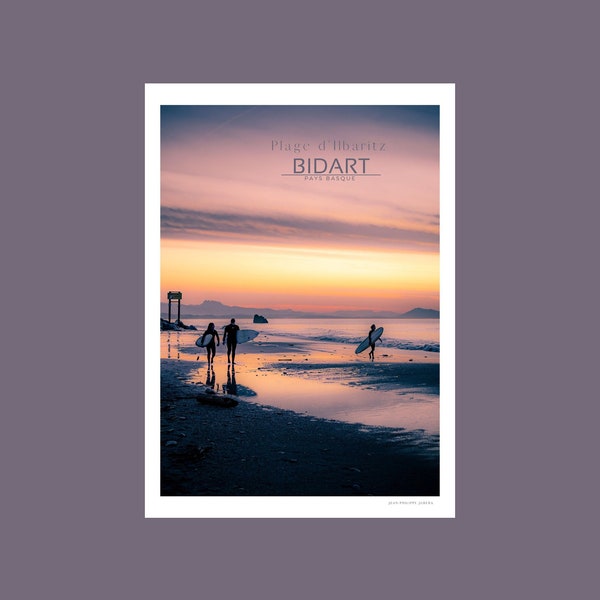 Affiche Bidart / Pays Basque / Poster / Art mural / Photo / Deco / Plage / Sunset / Beach / Surfeur / Océan