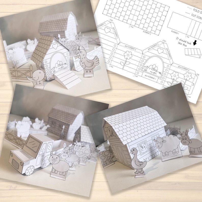May include: A collection of paper farm animal and building models, including a barn, chicken coop, and various animals. The models are white with black outlines, and some have heart and flower details. A sheet with instructions is also visible.