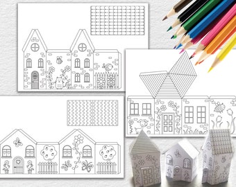 Plantilla de casas de papel Hojas para manualidades imprimibles, hojas de actividades, kit para manualidades en papel, páginas para cortar y colorear Artes y manualidades para niños Casa para colorear