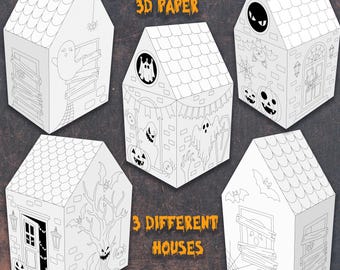 Halloween Paper Houses template Printable, Haunted Houses, Halloween Color pages Craft for kids, halloween houses set, Halloween houses 3D