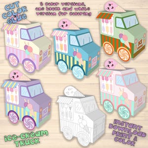 IJscowagen sjabloon Afdrukbare knutselbladen, IJscowagen papier 3D activiteitenbladen, Papier knutselset, Kleurhuis, doos voor snoepjes